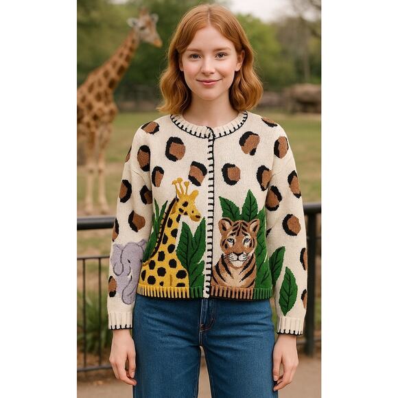 Vtg 90’s Marisa Christina Safari Animals Sweater Women XL Giraffe Zoo Elephant - Picture 2 of 16